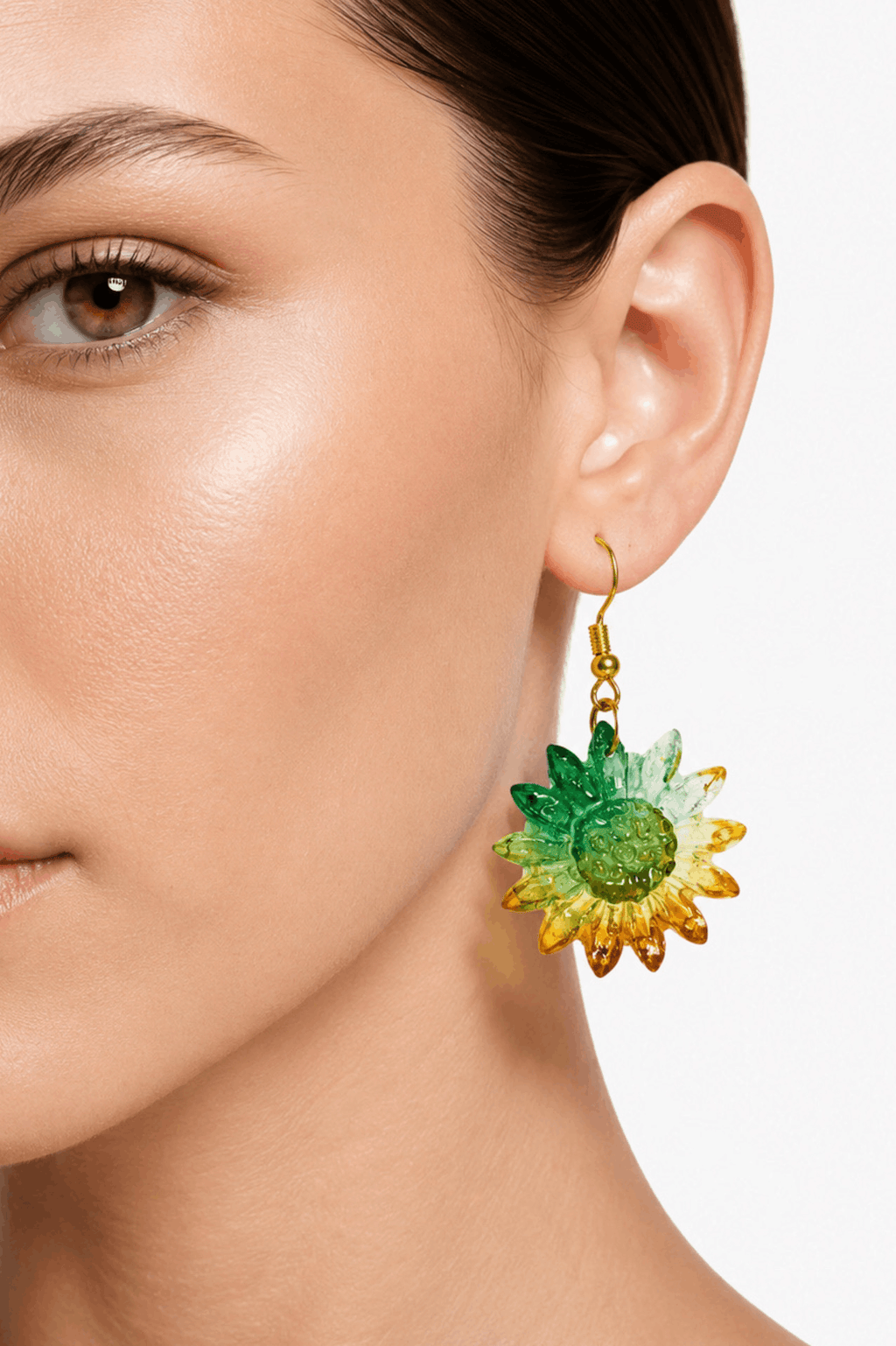 Green–Yellow Sunflower Resin Earrings