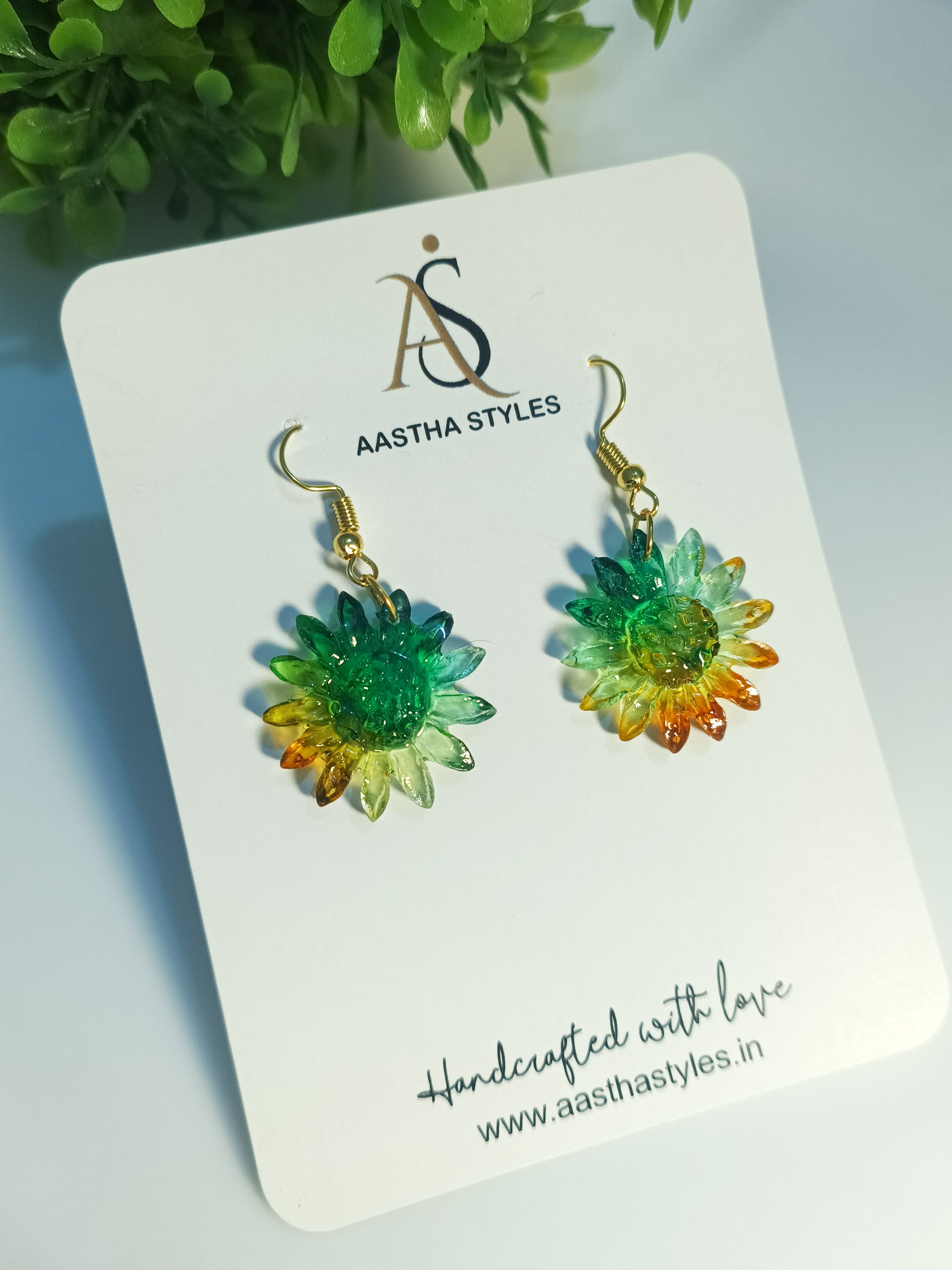 Green–Yellow Sunflower Resin Earrings