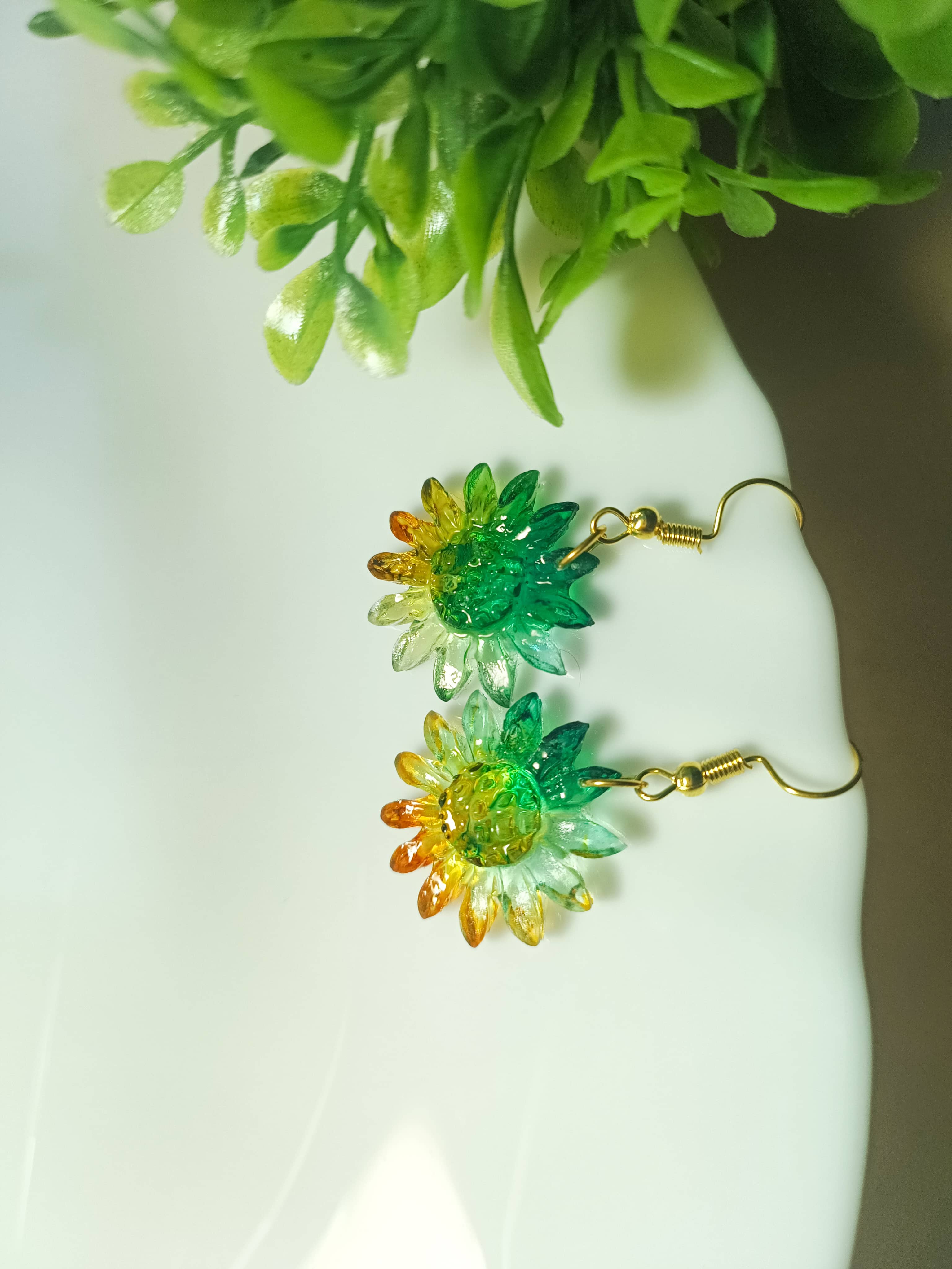Green–Yellow Sunflower Resin Earrings