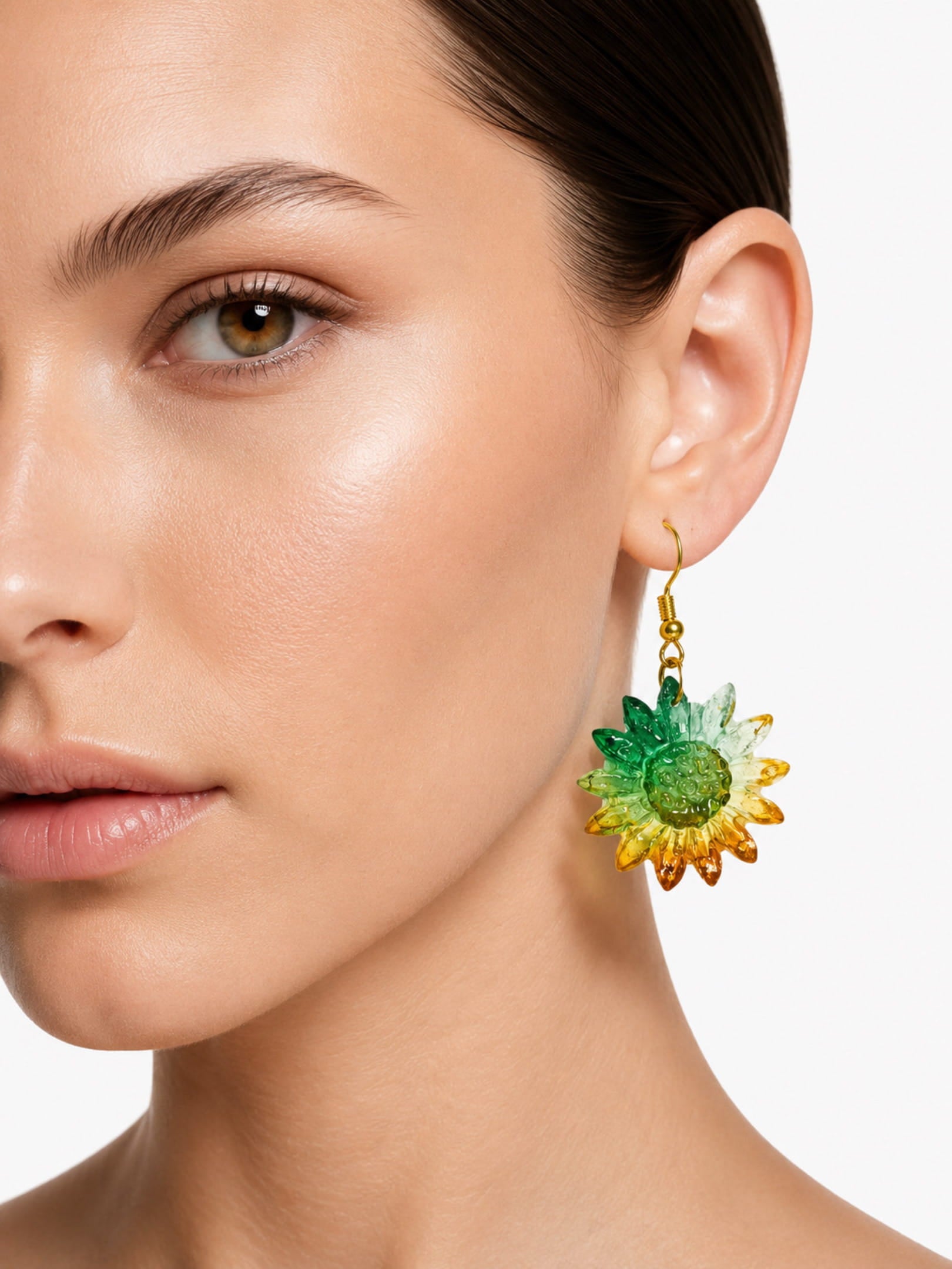 Green–Yellow Sunflower Resin Earrings